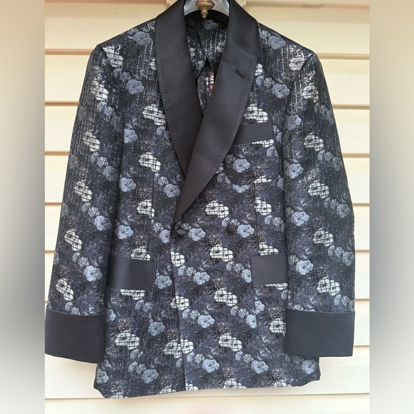 Hartter Manly Custom Made Black/Blue/Gray Jacquard Double Breasted Blazer, L - Picture 1 of 15